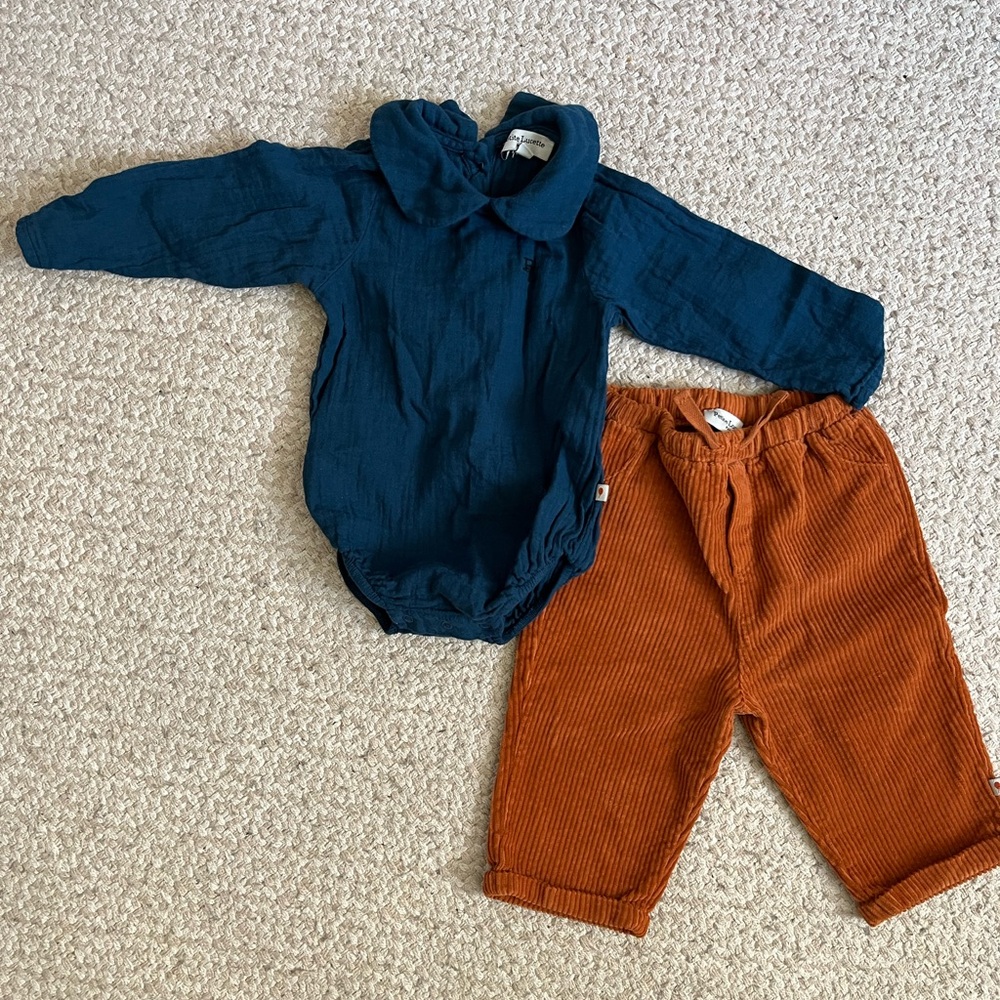 Petite Lucette Baby Outfit - Blue Top and Orange Pants